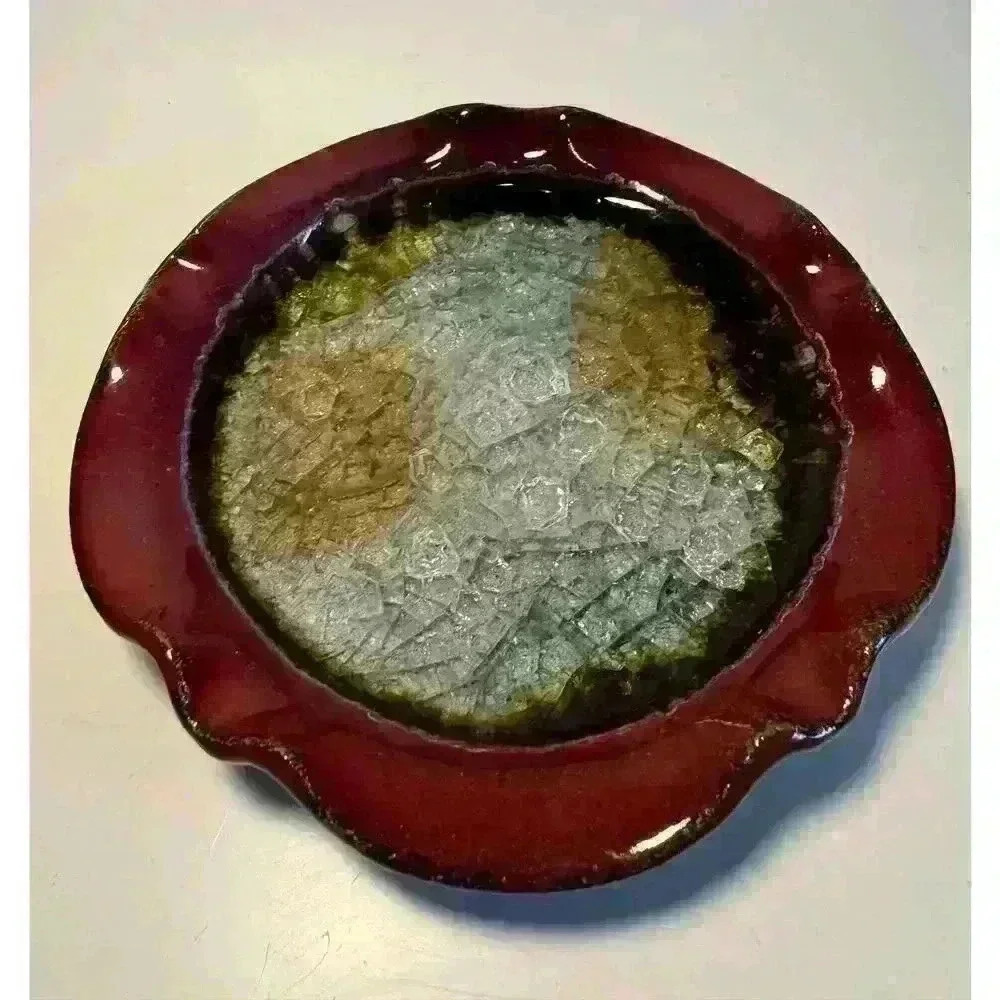 Geode Studio Art Pottery Trinket Bowl Ashtray Crackle High Gloss Glaze Stunning